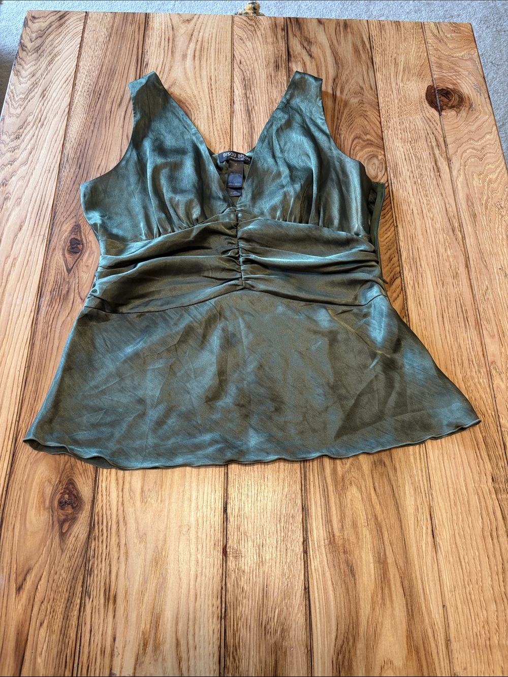 Bisou Bisou Olive V-Neck Ruched Satin Camisole